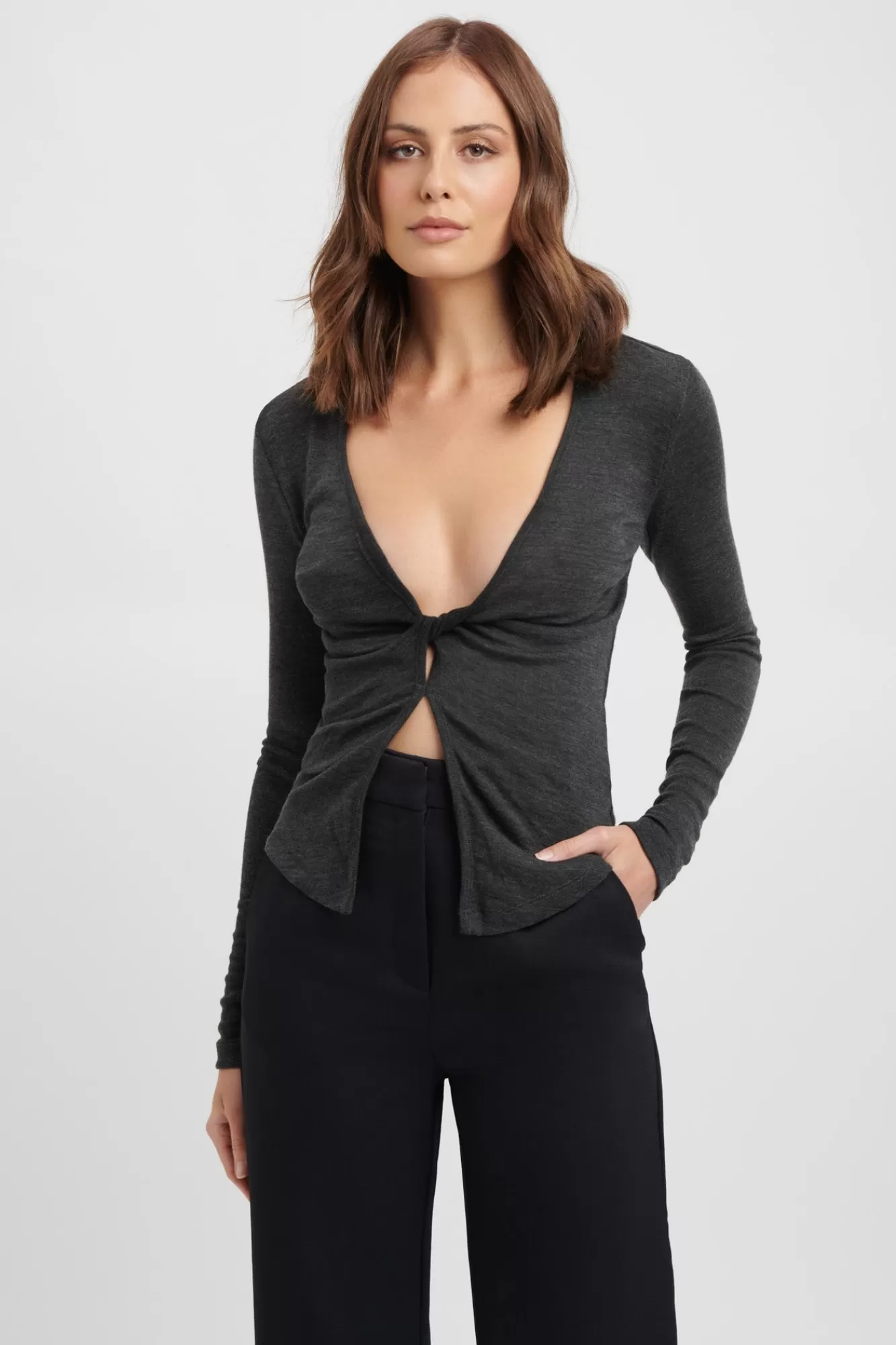 KOOKAÏ Kalara Long Sleeve Twist Top Charcoal Marle New